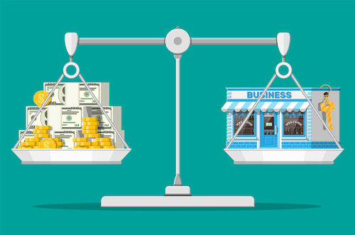 Illustration of company valuation, showing a scale with money on one side and the business on the other  